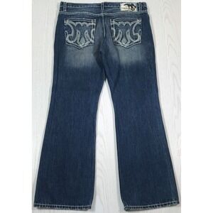 Mek Denim Bootcut Jeans Mens 38x32 Blue Whiskered Cotton Button Fly Thick Stitch